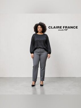 Claire France, Plus Size Black Flocked Floral Top 1X Bow Back + Camisole Set